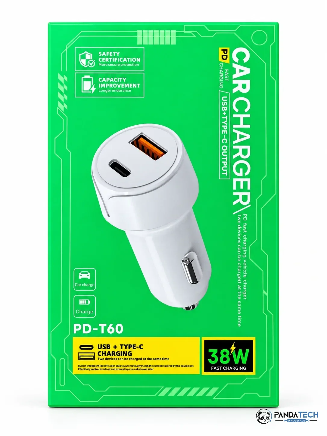 cargador para carro de 38W con puertos USB‑C PD y USB‑A